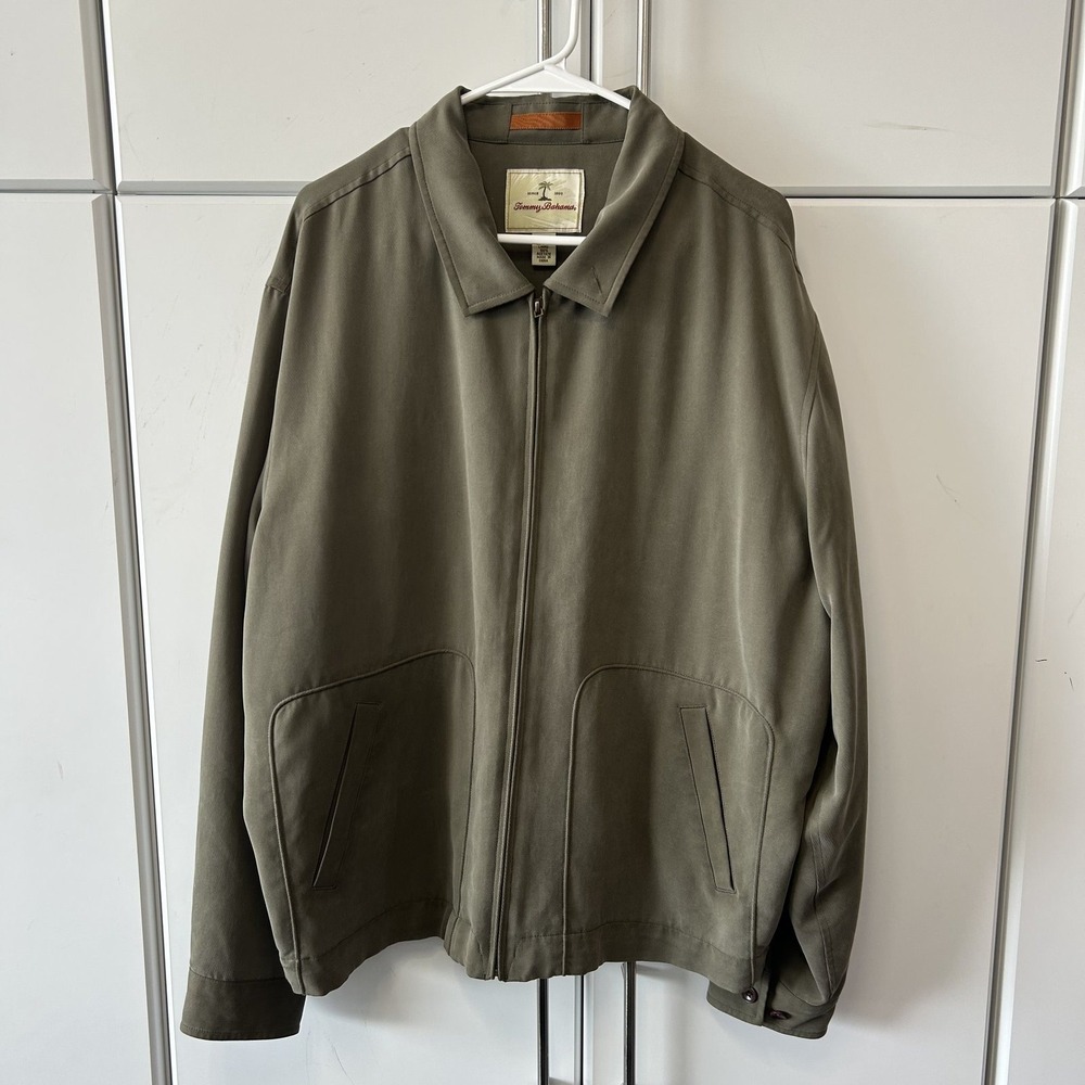 Tommy Bahama Mens XL Olive Green 100% Silk Full Zip Harrington Jacket Lining